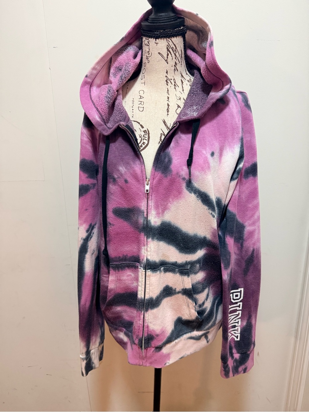 PINK Victoria's Secret Pink & Black Tie-Dye Hooded Zip Size large